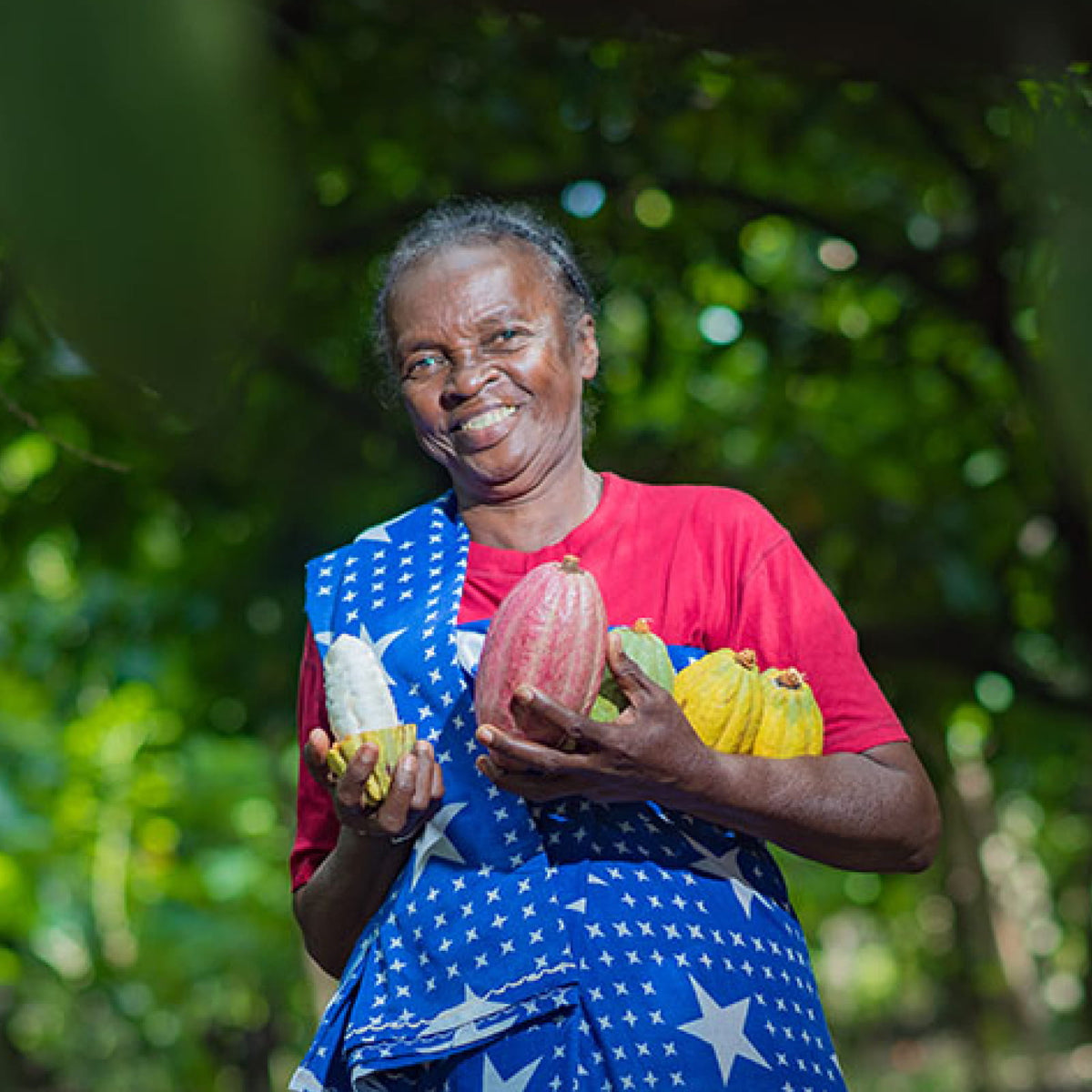 A smiling female farmer wearing a red shirt and blue patterned wrap holding colorful, freshly harvested cacao pods in a lush green environment.